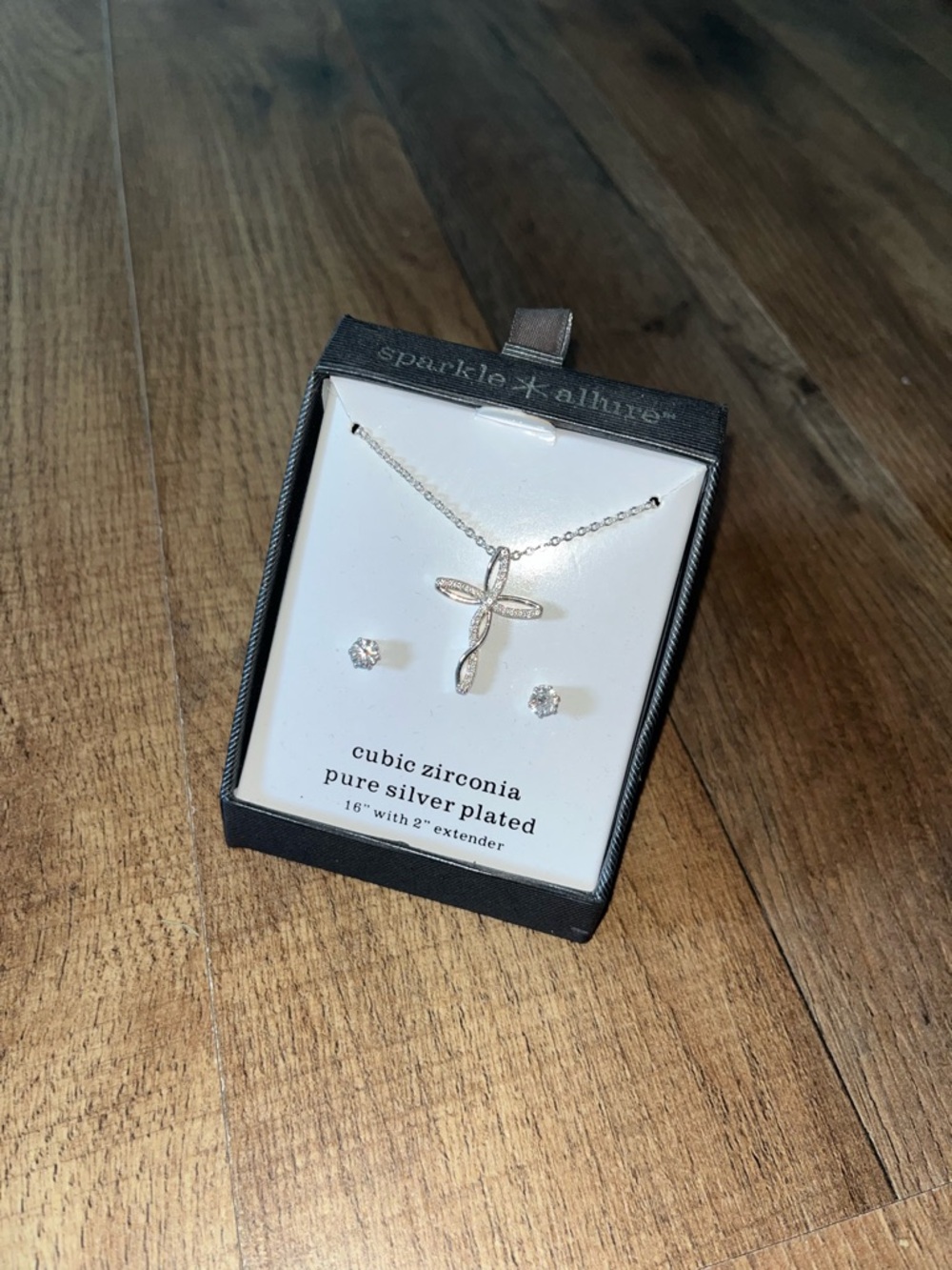 Silver-Plated Cubic Zirconia Cross Necklace & Stud Earrings - Silver